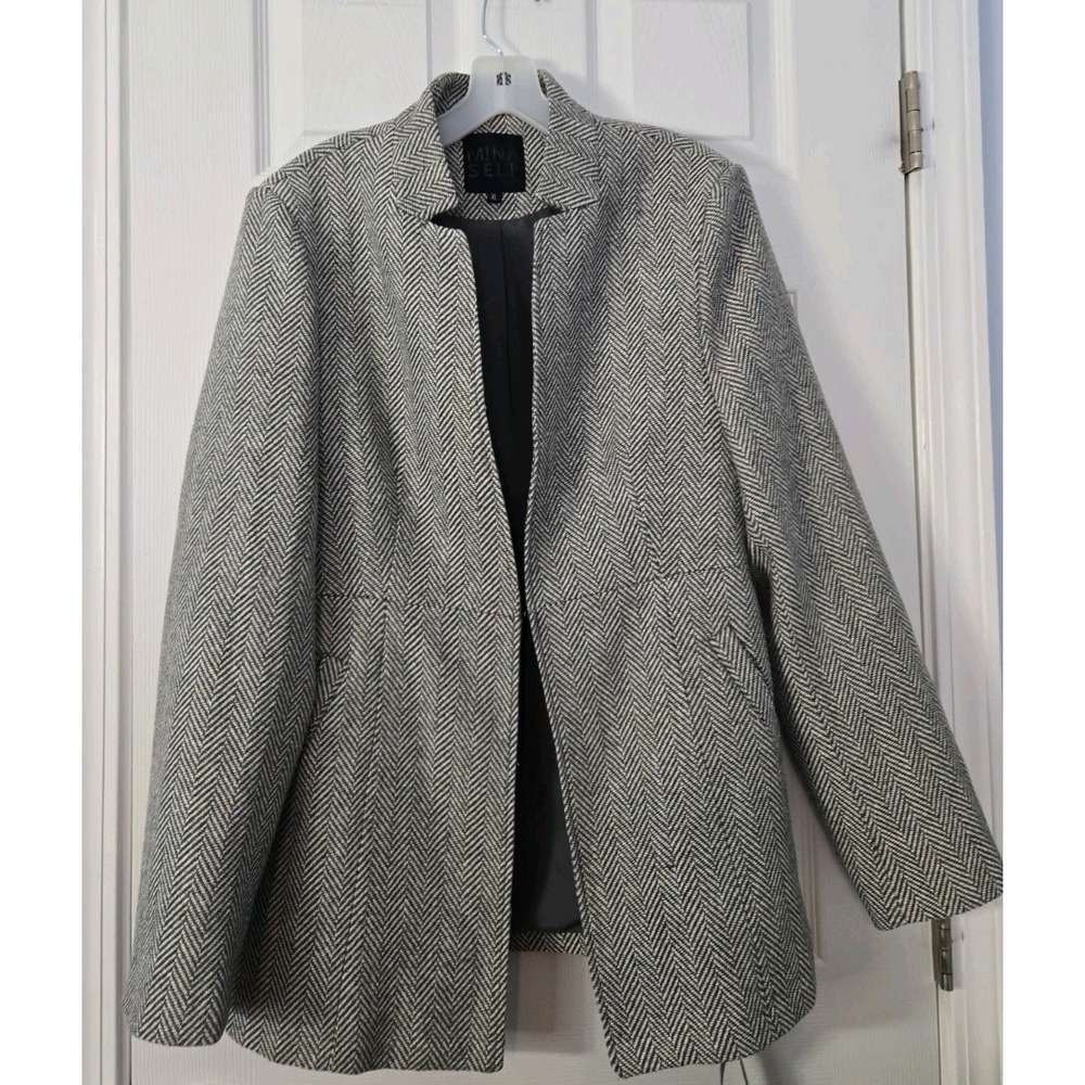 NWT Mina Self Herringbone Blazer Jacket Black White XL